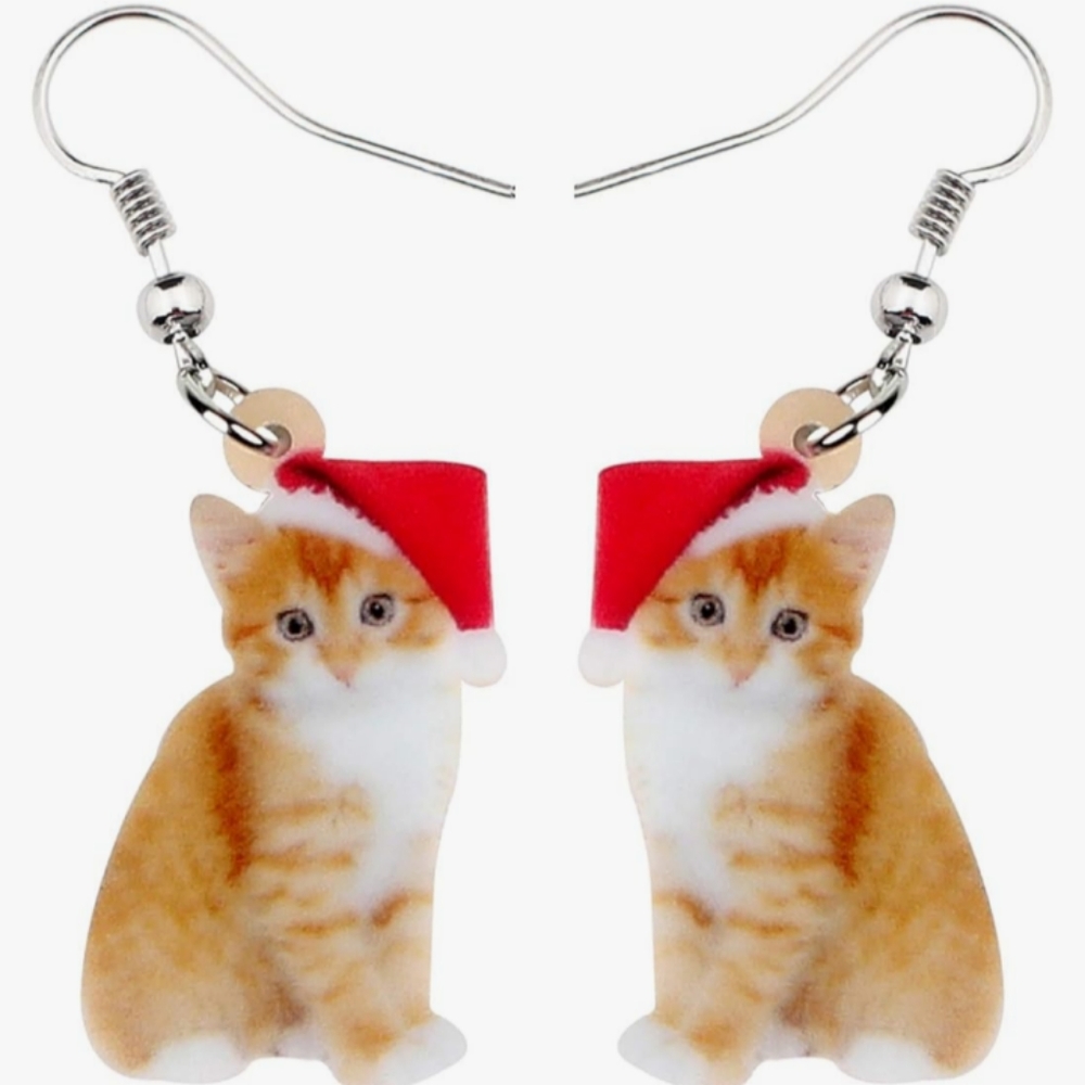 Yellow Tabby Marmalade Kitten Christmas Earrings Santa Hat Kittens Kitty Cat New